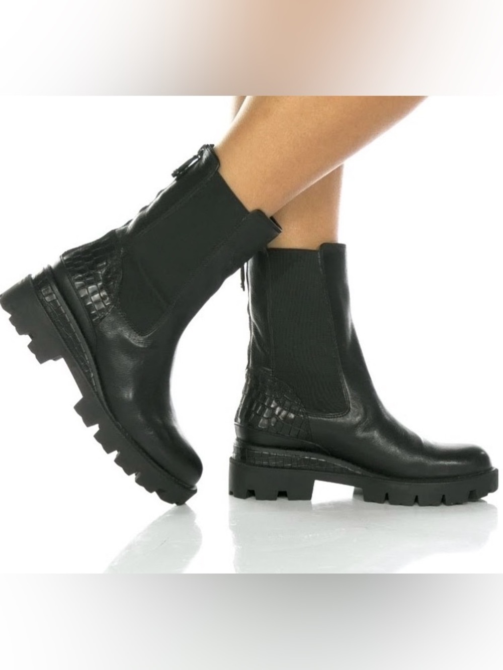 Sam Edelman Genia Black Croc-Accent Leather Chelsea Lug Boots Size 8.5